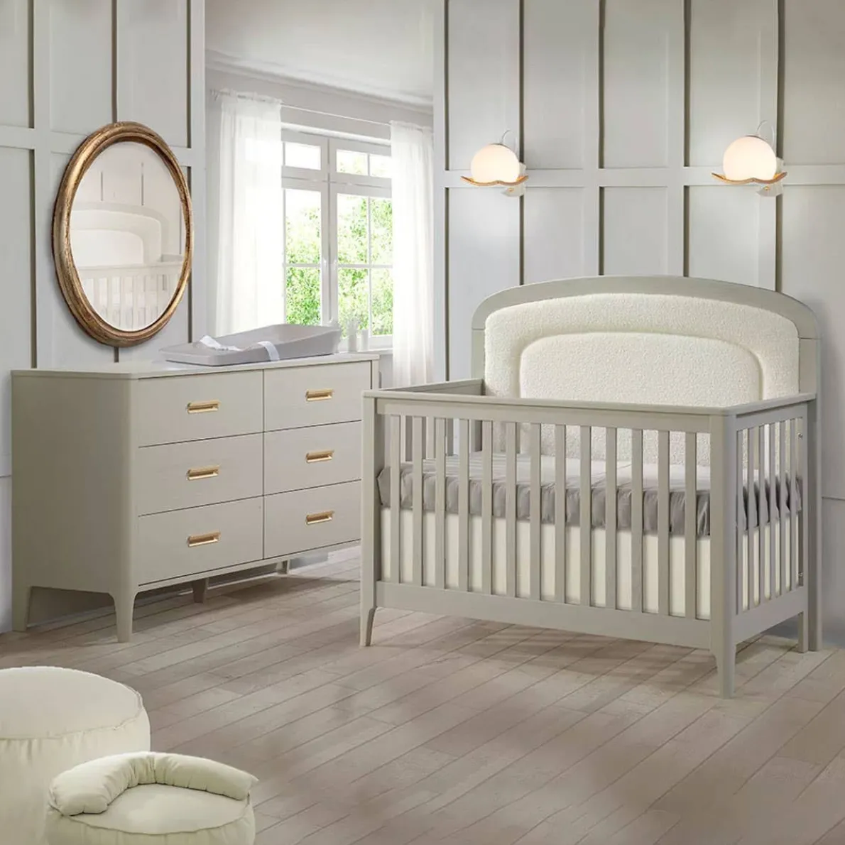 Palo 5-in-1 Crib with Beige Boucle Upholstered Panell